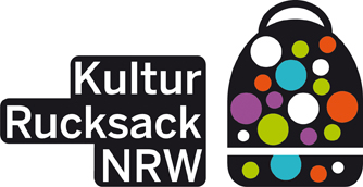 Grafik eines schwarzen Rucksacks mit bunten Kreisen - daneben der Schriftzug Kulturrucksack NRw