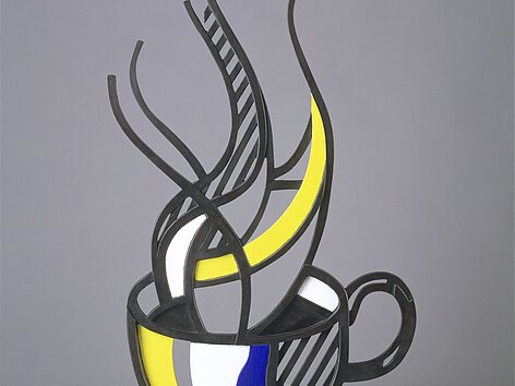Eine abstrakte Tasse in Grau, Gelb und Blau aus der Dampf aus kräftigen Linien aufsteigt,