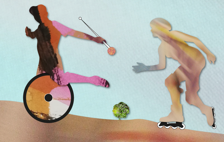 Künstlerische Illustration: Collage mit Rollstuhl und Personen  