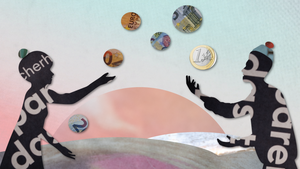 Künstlerische Illustration: Zwei collagierte Personen jonglieren mit Münzen