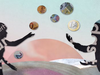 Künstlerische Illustration: Zwei collagierte Personen jonglieren mit Münzen