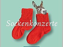Plakat Sockenkonzerte: zwei rote Stricksöckchen auf blassblauem Grund, aus dem rechten guckt ein Esel heraus.