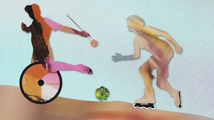 Künstlerische Illustration: Collage mit Rollstuhl und Personen