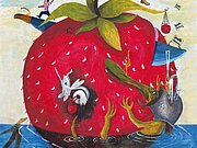 Plakat Hieronymus: Eine schwimmende Erdbeere mit fantastischen Ergänzungen