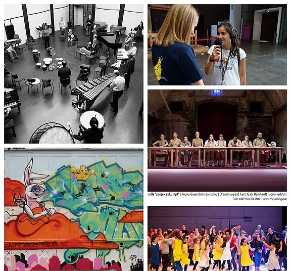 Foto-Collage aus verschiedenen Projekteinblicken aus Ensemblemusik, Tanz und Streetart  