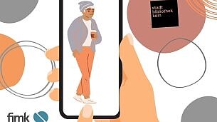 Grafik in Pastelltönen: Hände berühren einen Smartphone-Bildschirm mit einem Figurenportrait
