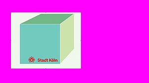 Ein grüner Würfel mit dem Logo der Stadt Köln auf pinkem Hintergrund