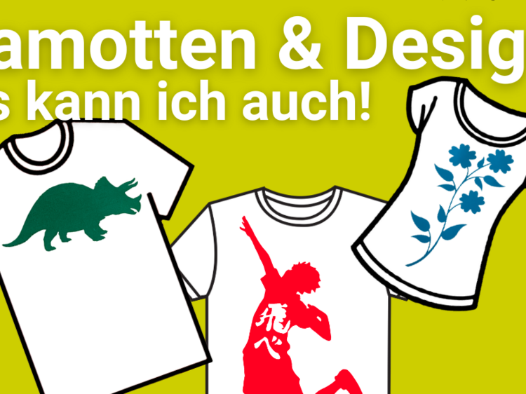Drei T-Shirts als grafische Darstellung mit verschiedenen bunten Motiven darauf, darüber der Titel "Klamotten & Design. Das kann ich auch!"