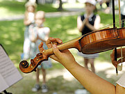 Die Nahaufnahme eines Violinspiels in einer frühlingshaften Parkanlage