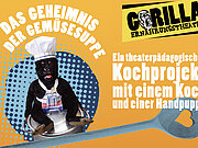Ockerfarbene Postkarte im Querformat, auf dem ein Gorilla in Kochschürze, Schriftzüge zu den Gorilla Theaterprogrammen und ein Kochlöffel zu sehen sind